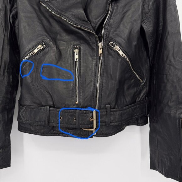 Quince Women's Black Leather Motorcycle Jacket size XS Sheep Leather Belted - Picture 3 of 11